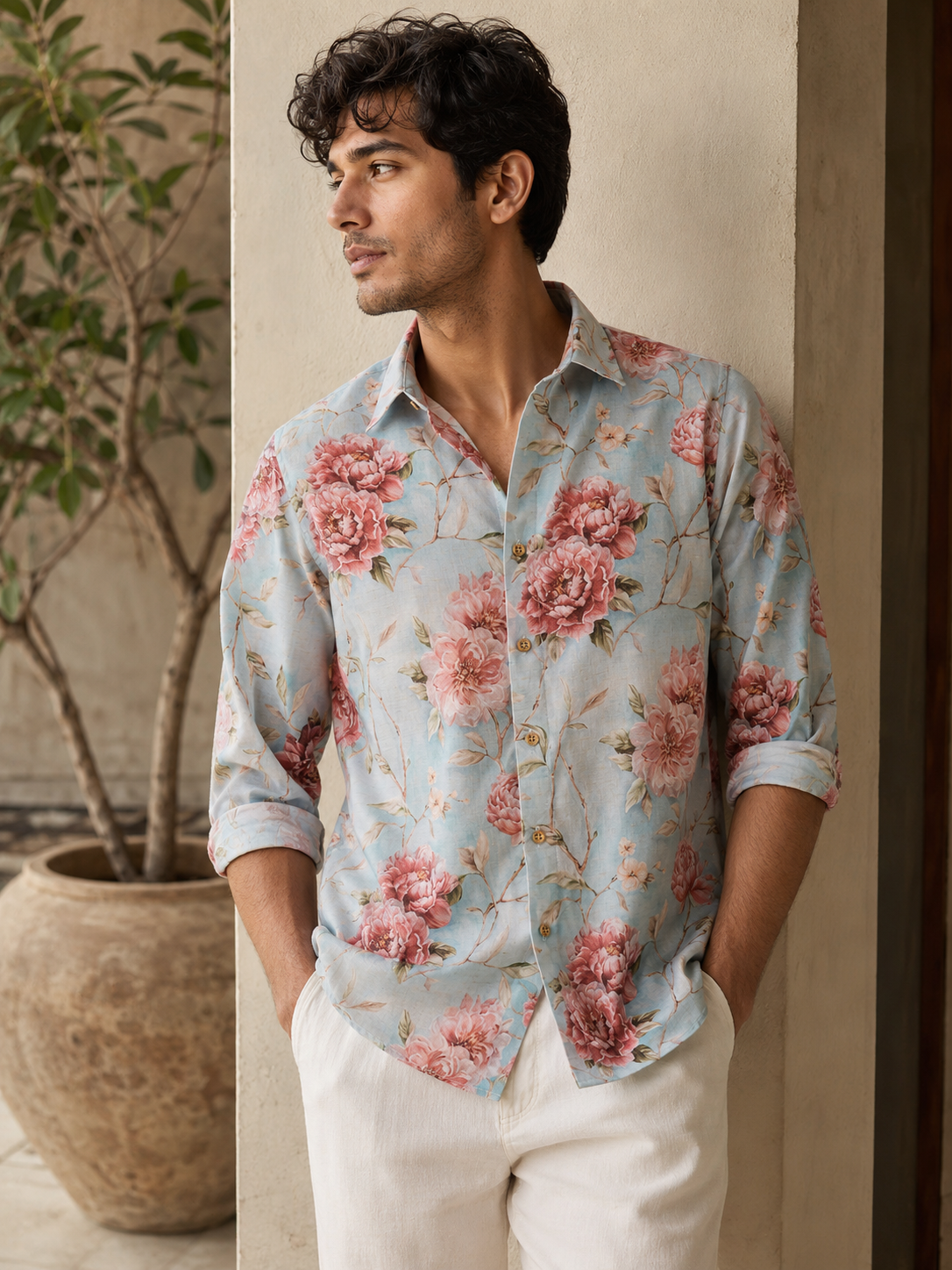 Luxury Sky Blue Floral Linen Shirt – Slim Fit