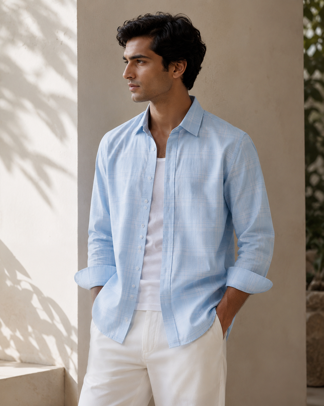 100% Cotton Sky Blue Checkered Casual Shirt