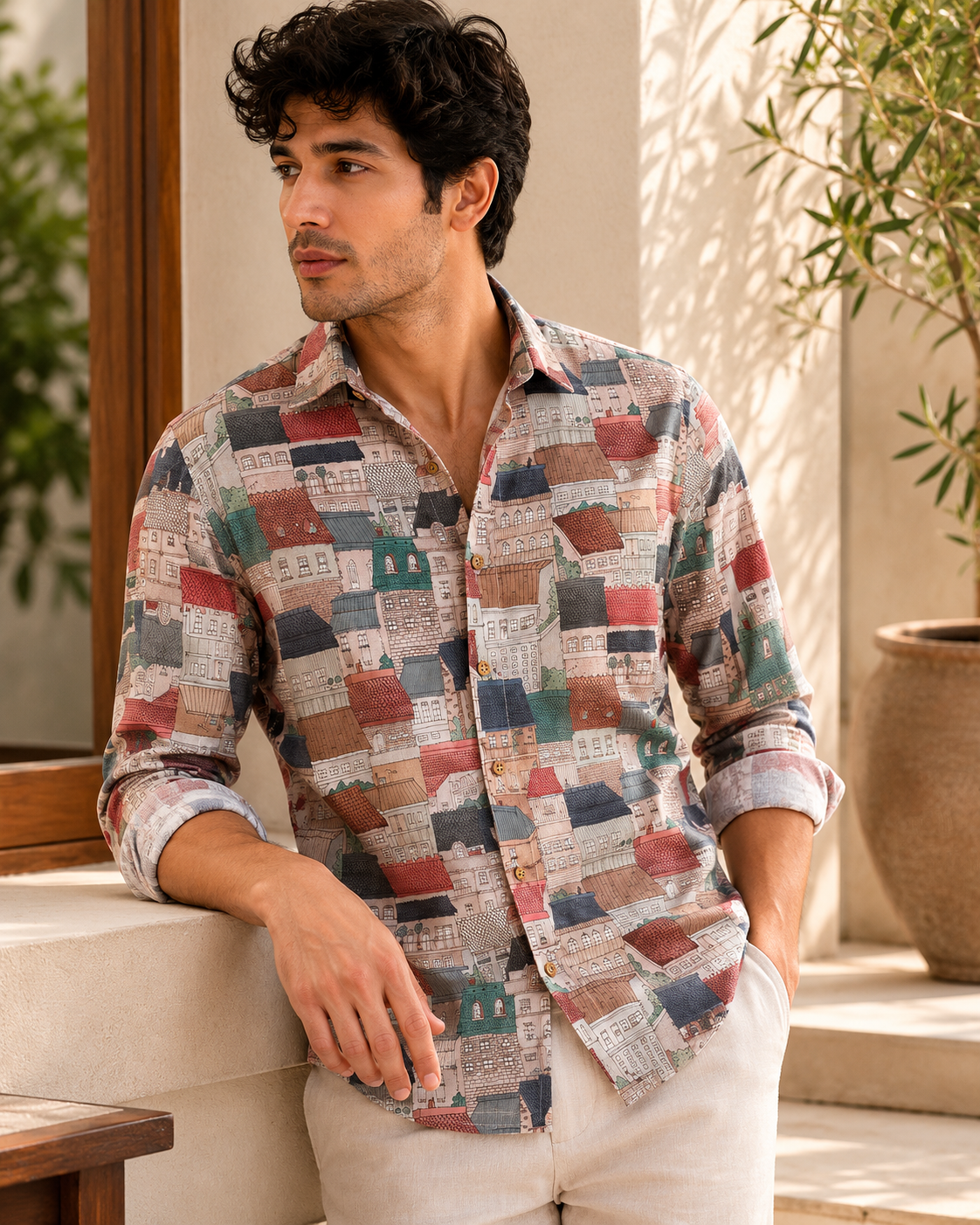 Luxury Illustrated House Digital Print Linen Shirt – Slim Fit