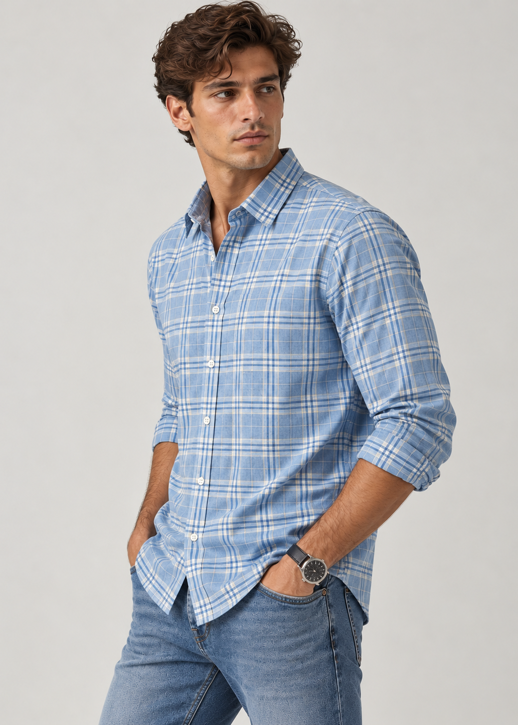 Men's Slim Fit Sky Blue Plaid Check Linen Shirt | MARK & ALBERT