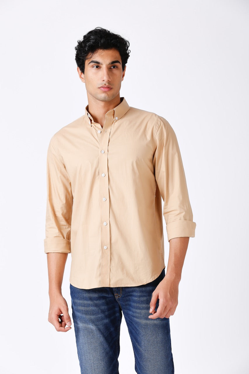 Solid Slim Fit Beige Casual Shirt