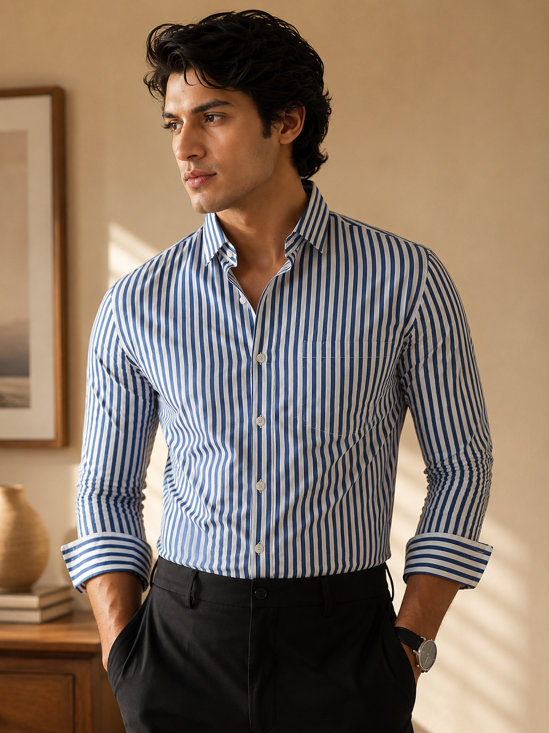 Men's 100% Cotton Blue Striped Shirt