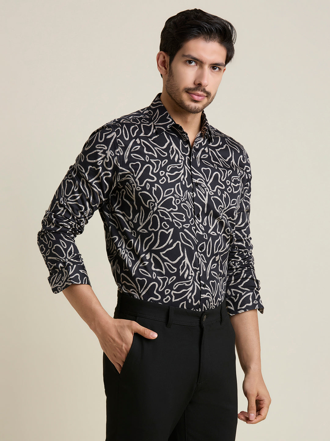Men's Slim Fit Black Printed 100% Cotton Shirt | Mark & Albert
