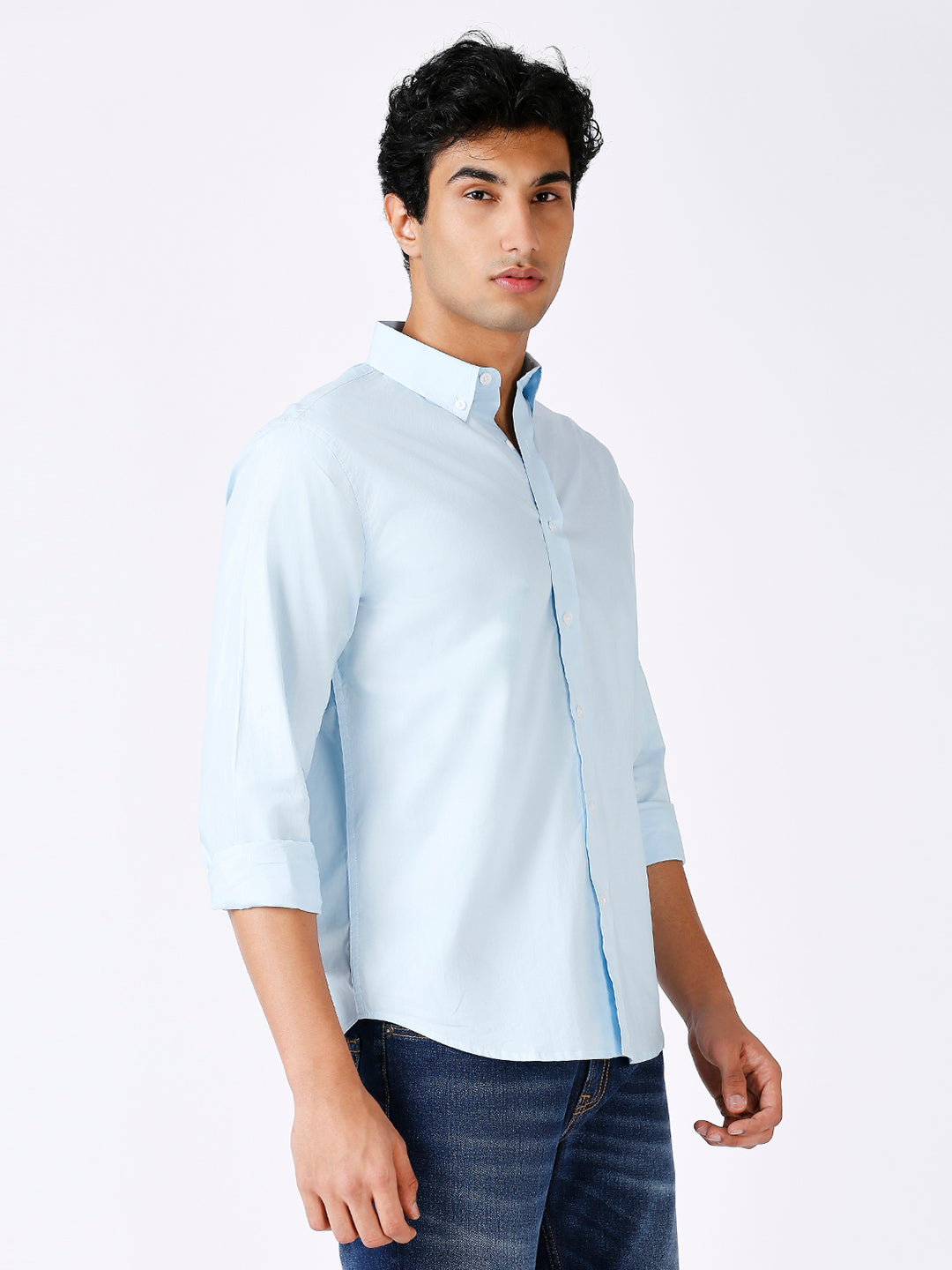 Solid Slim Fit Sky Blue Casual Shirt