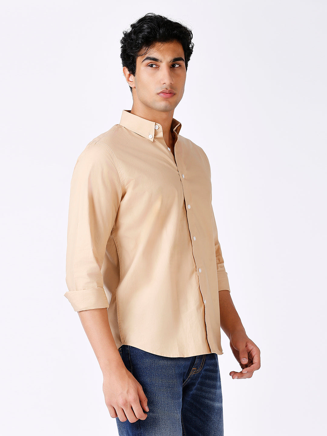 Solid Slim Fit Beige Casual Shirt