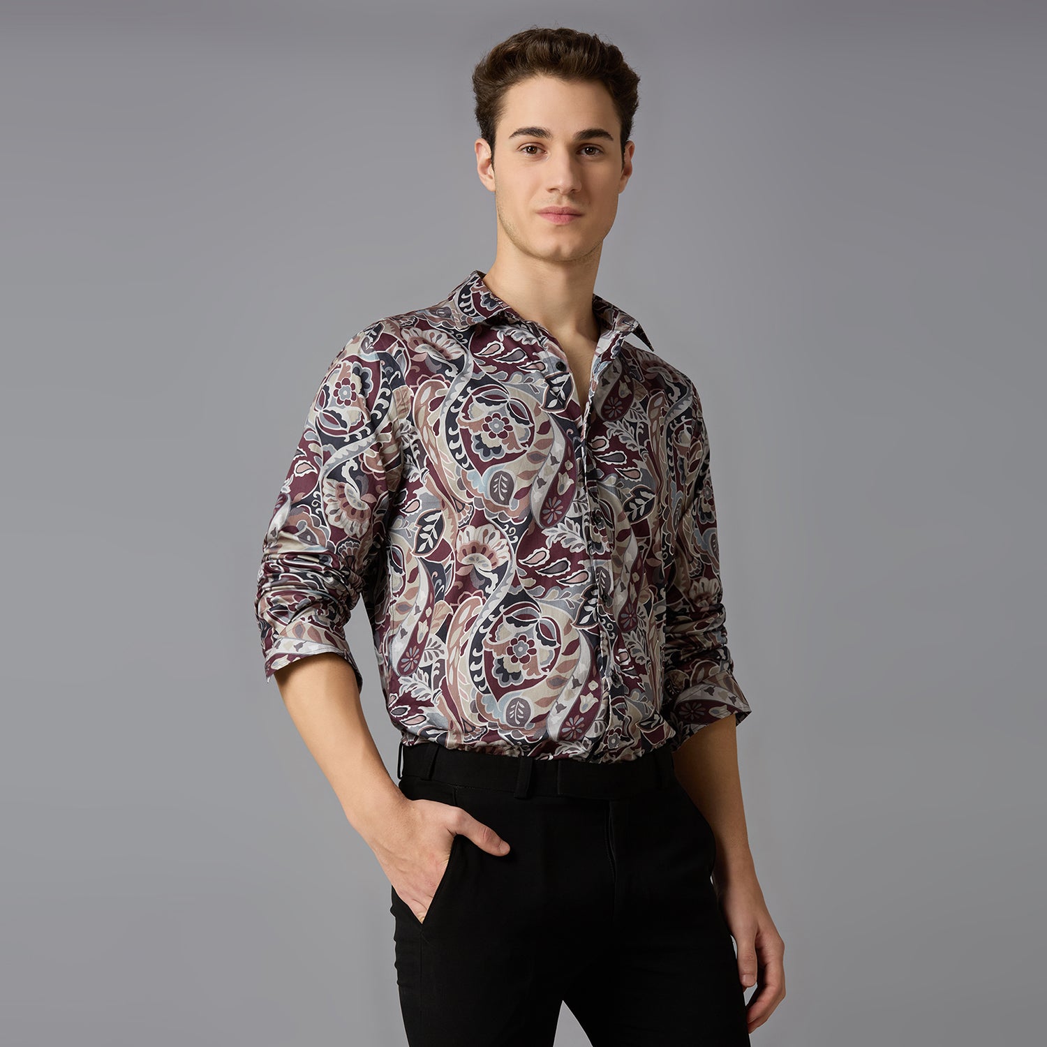 Men's Slim Fit Maroon 100% Cotton Printed Shirt | Mark & Albert