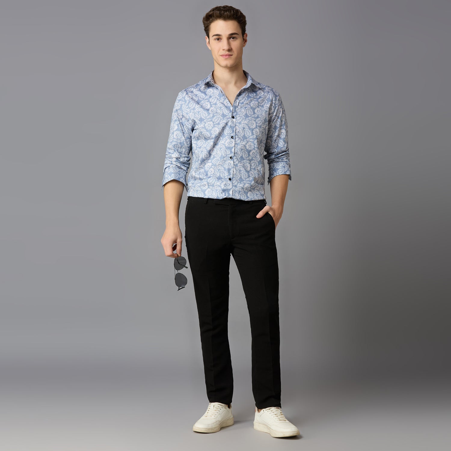 Men's Slim Fit Sky Blue 100% Cotton Printed Shirt | Mark & Albert