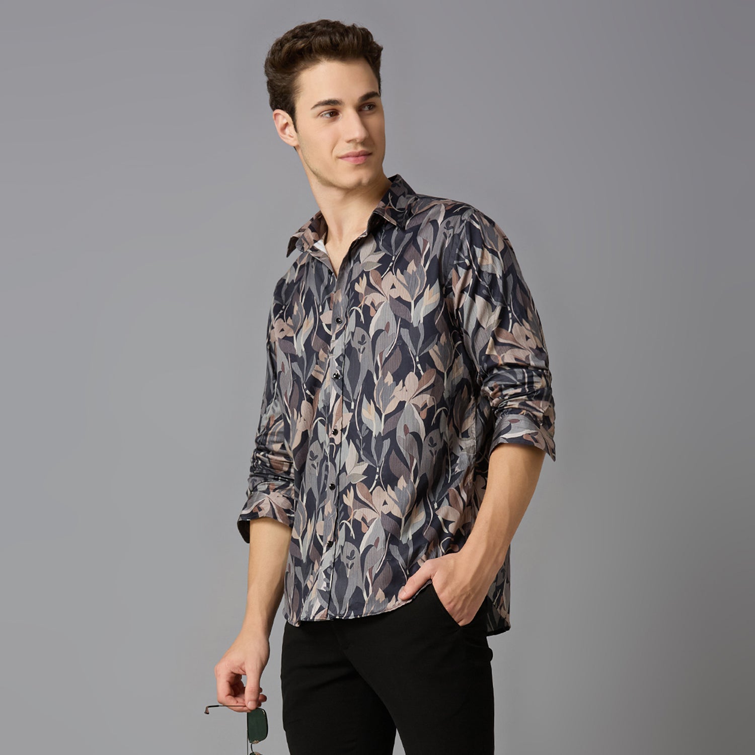 Men's Slim Fit Grey 100% Cotton Printed Shirt | Mark & Albert