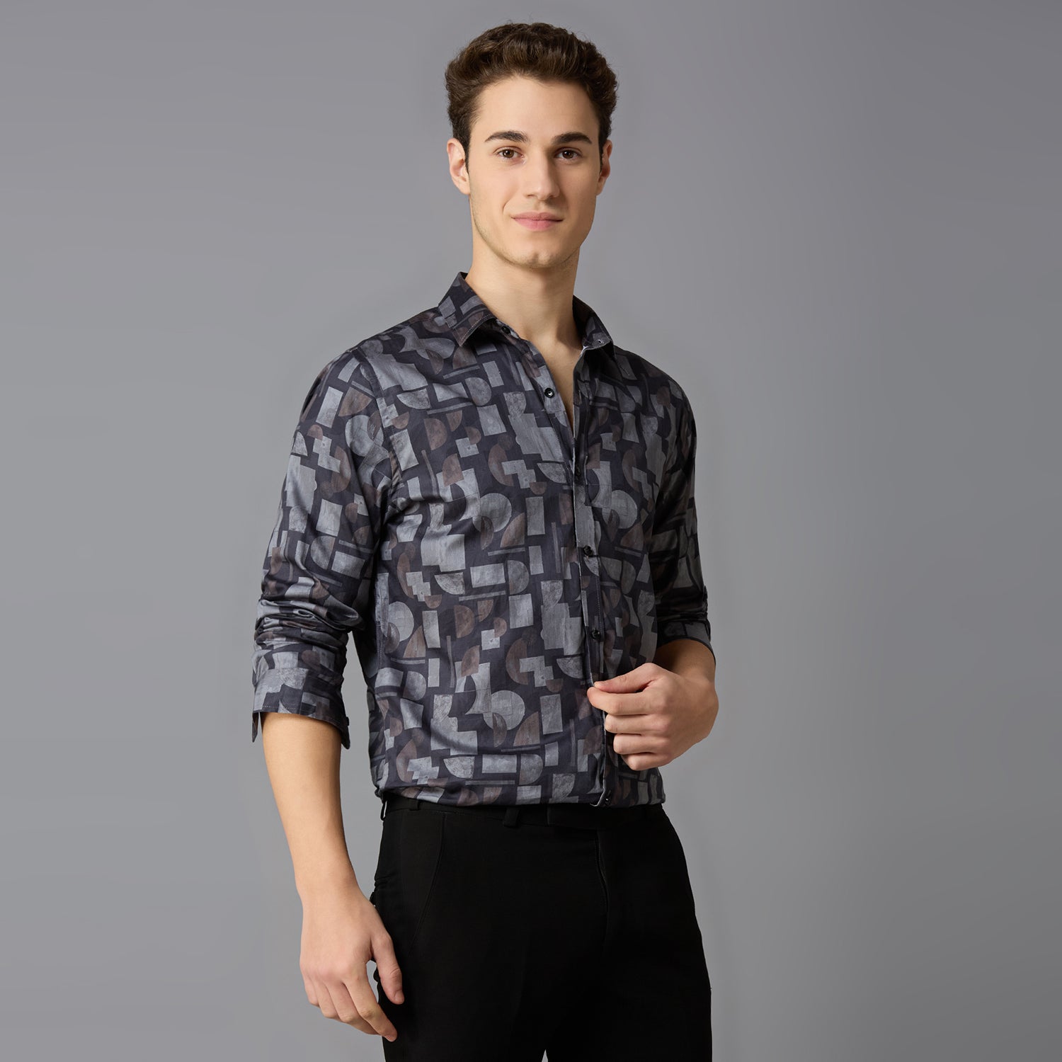 Men's Slim Fit Grey 100% Cotton Printed Shirt | Mark & Albert