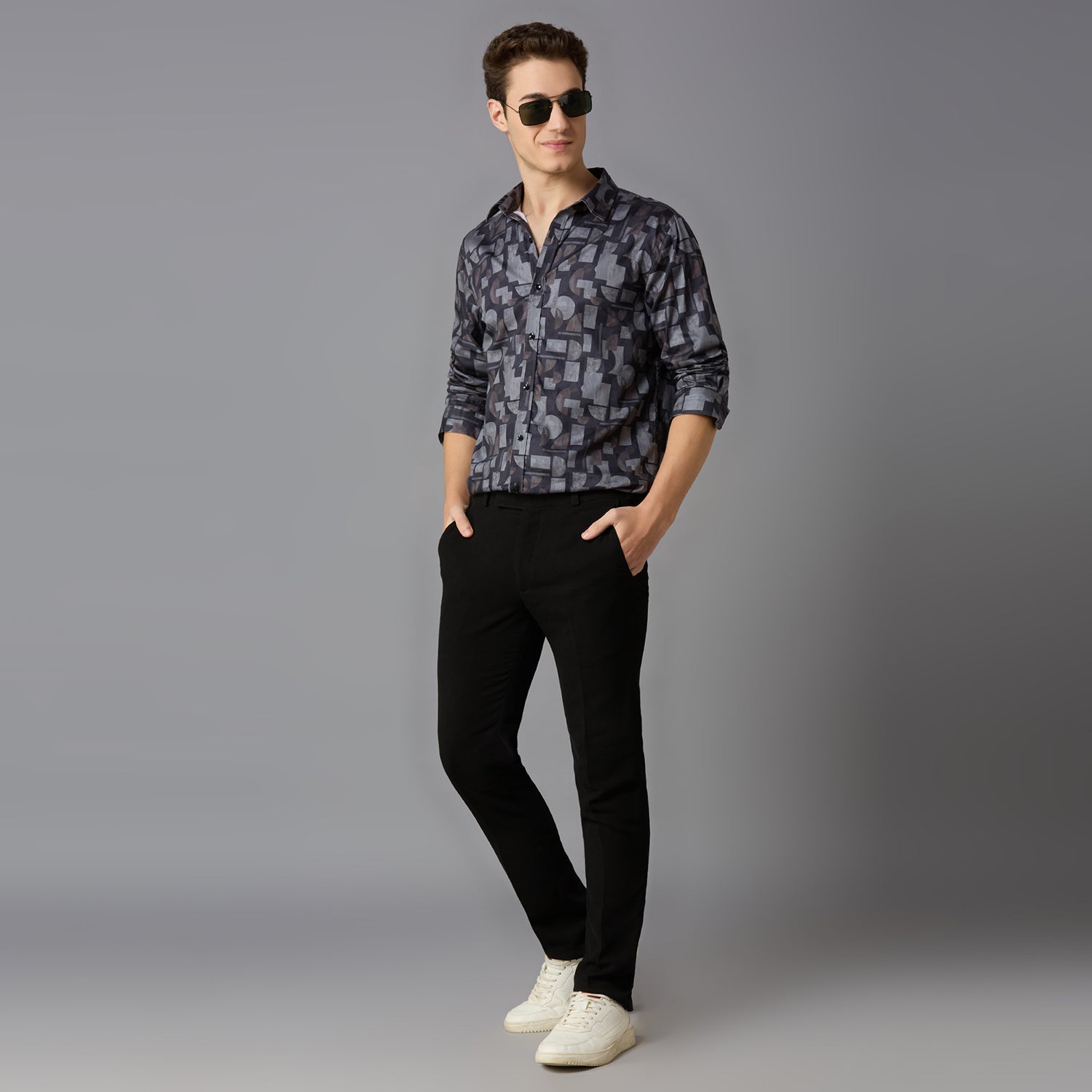 Men's Slim Fit Grey 100% Cotton Printed Shirt | Mark & Albert