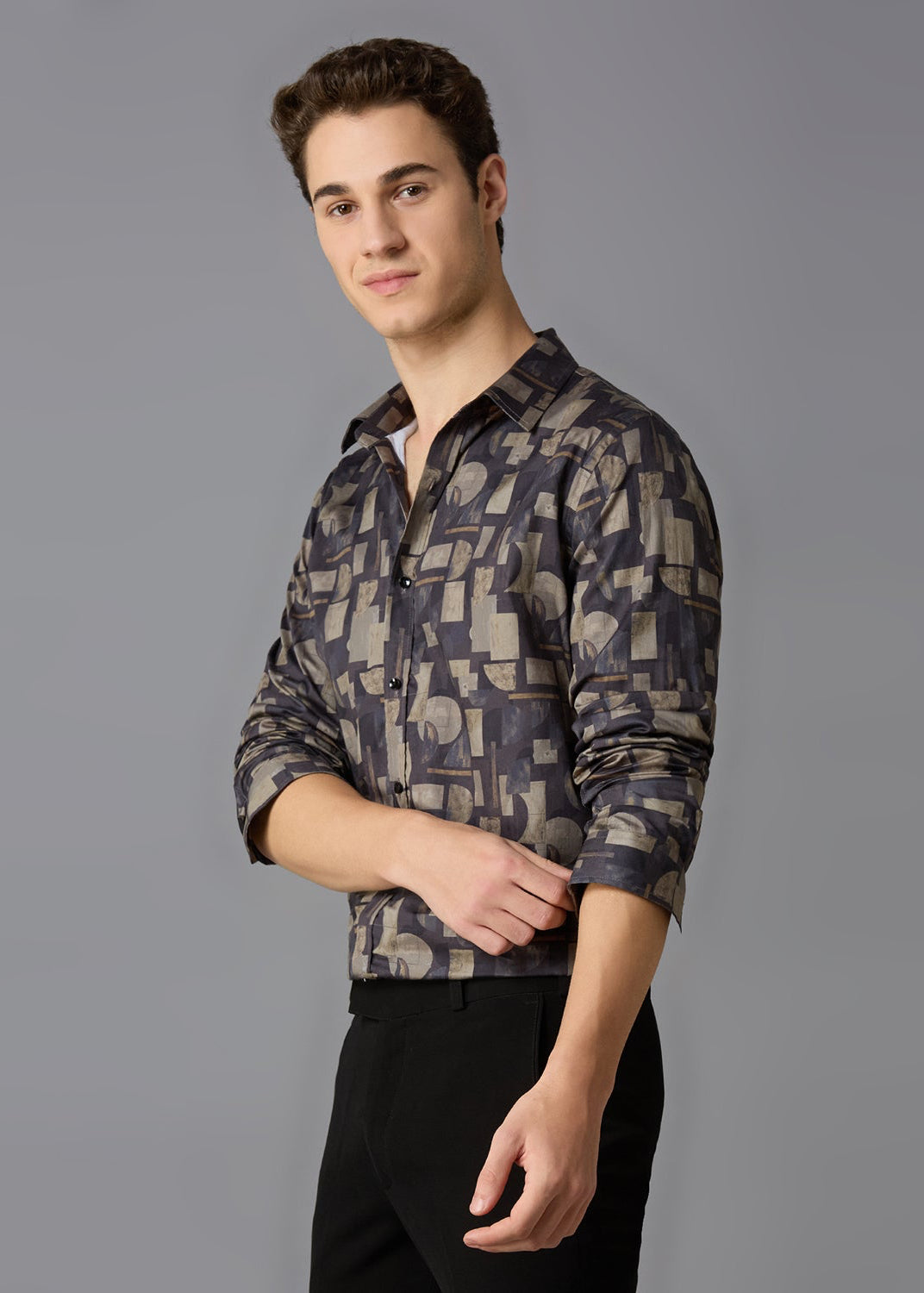 Men's Slim Fit Beige 100% Cotton Printed Shirt | Mark & Albert
