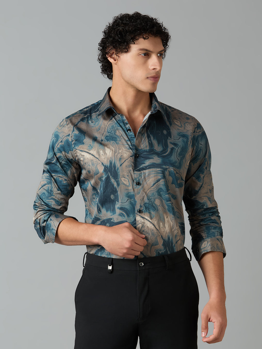 Men's Slim Fit Teal 100% Cotton Printed Shirt | Mark & Albert