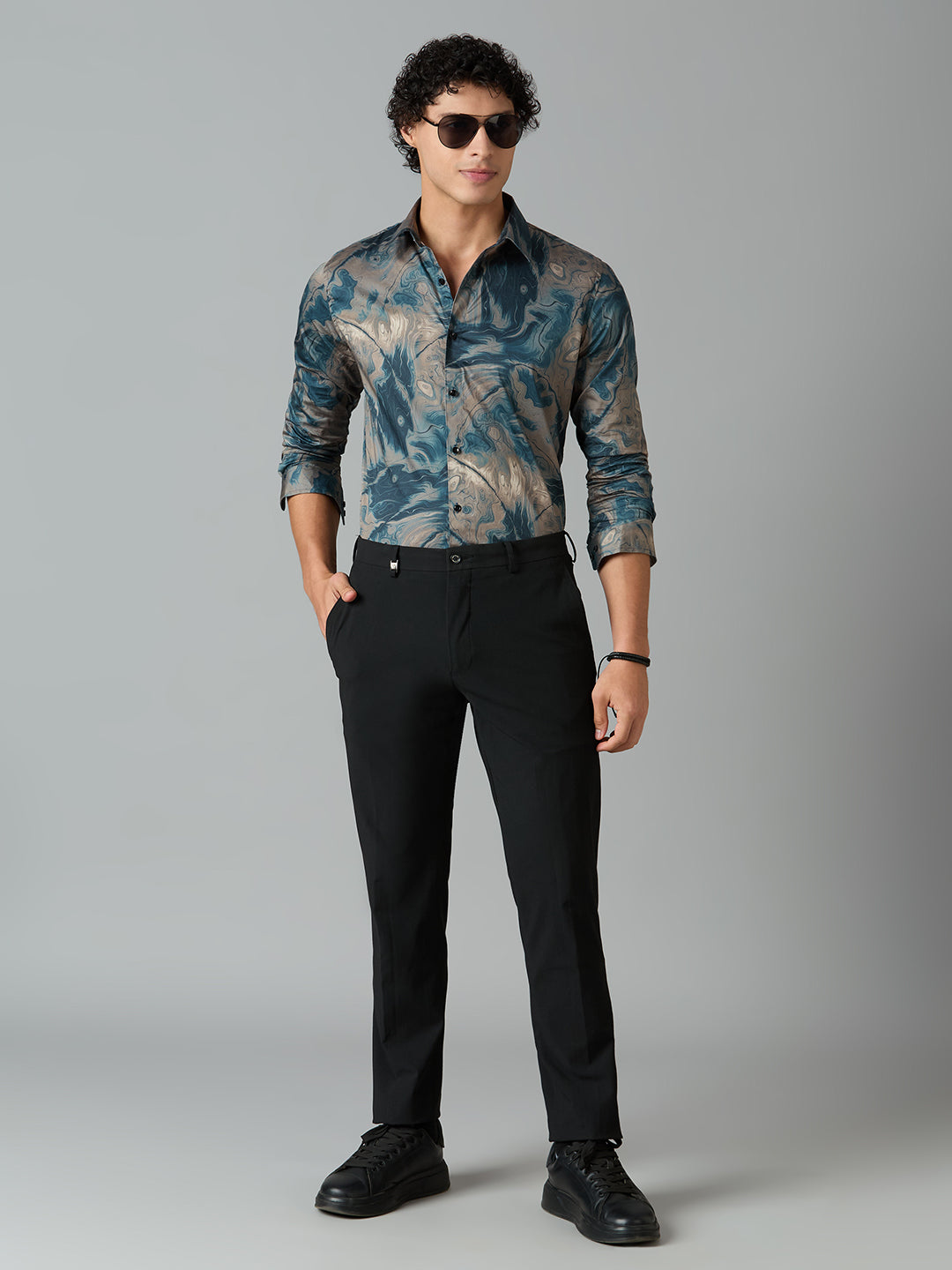 Men's Slim Fit Teal 100% Cotton Printed Shirt | Mark & Albert