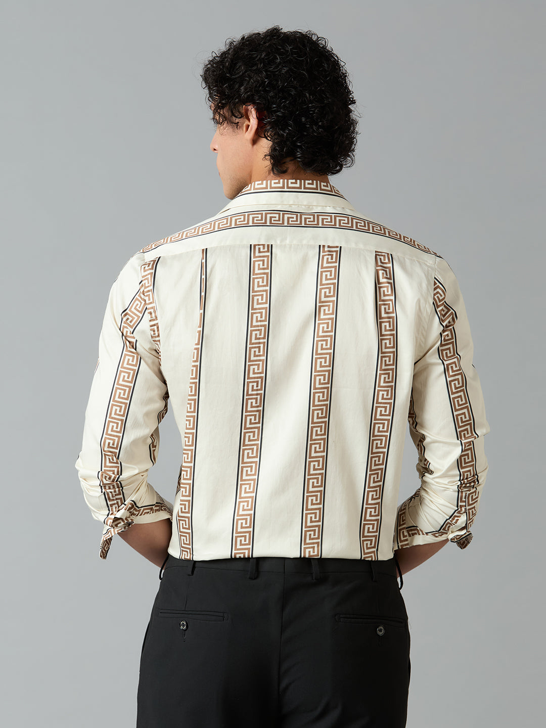 Men's Slim Fit Cream 100% Cotton Vertical Printed Shirt | Mark & Albert