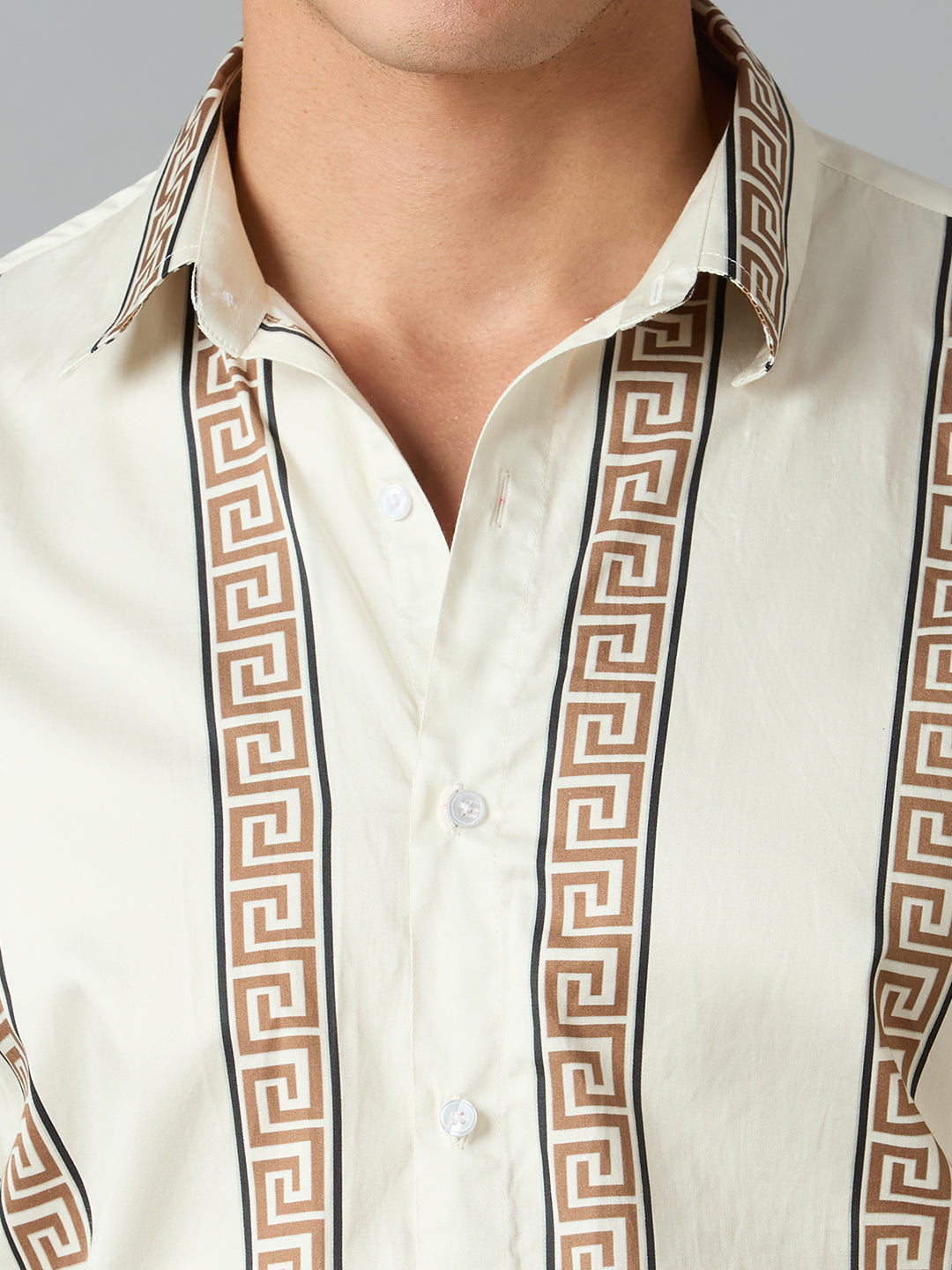 Men's Slim Fit Cream 100% Cotton Vertical Printed Shirt | Mark & Albert