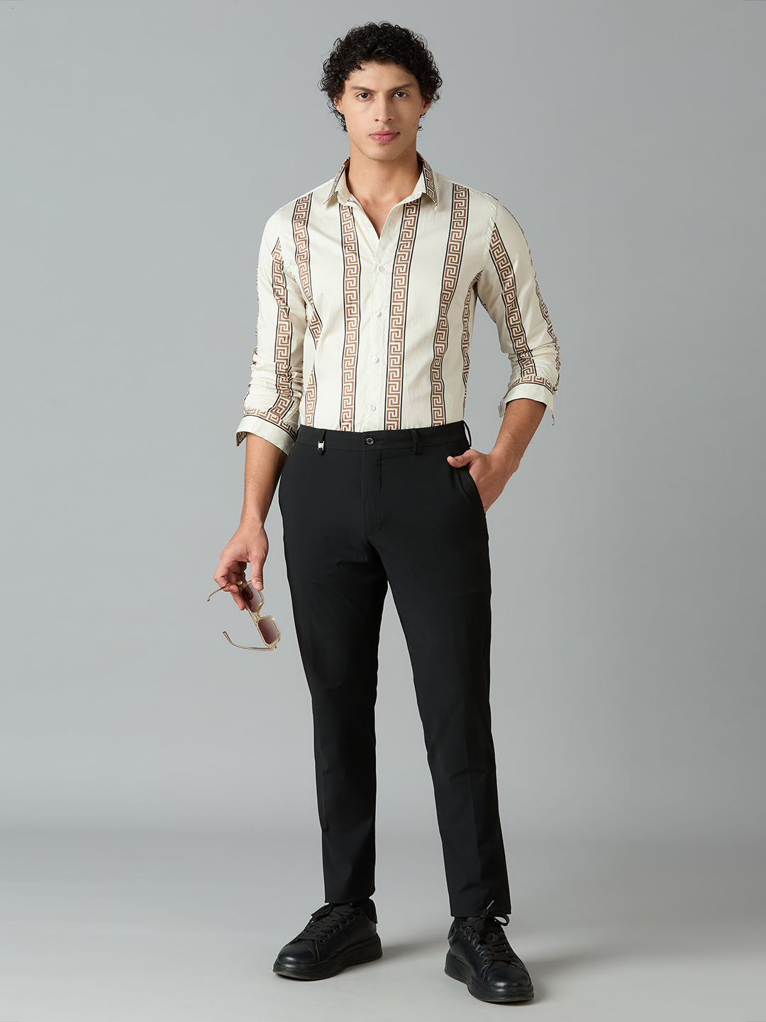 Men's Slim Fit Cream 100% Cotton Vertical Printed Shirt | Mark & Albert