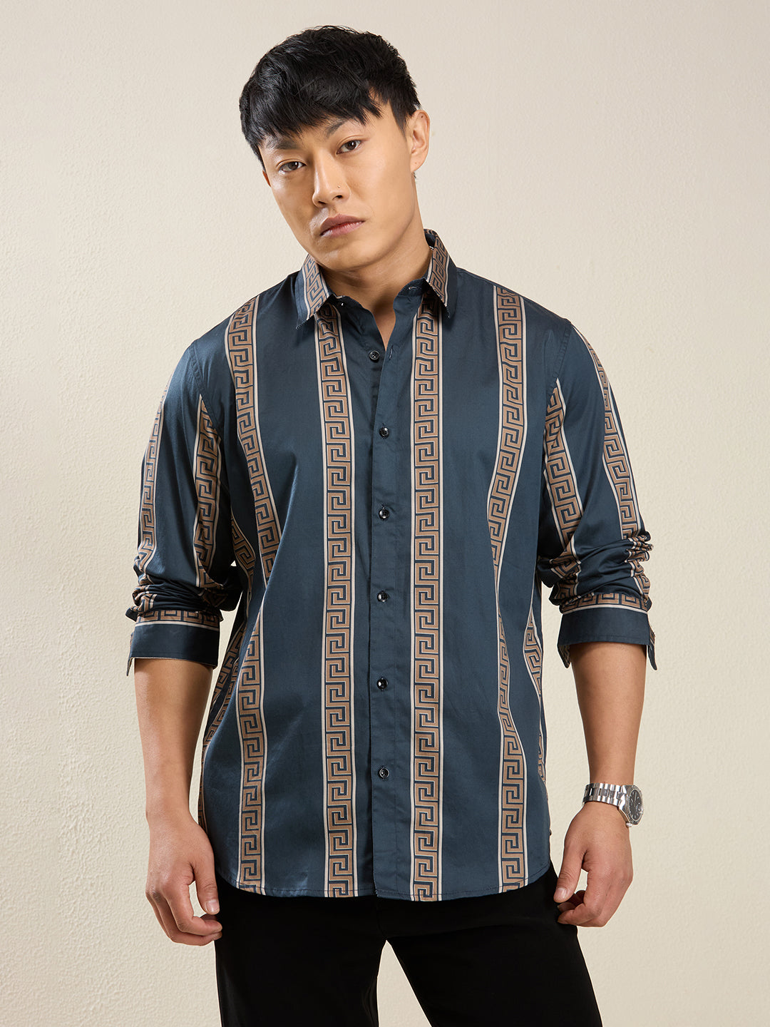 Men's Slim Fit Cream 100% Cotton Vertical Printed Shirt | Mark & Albert