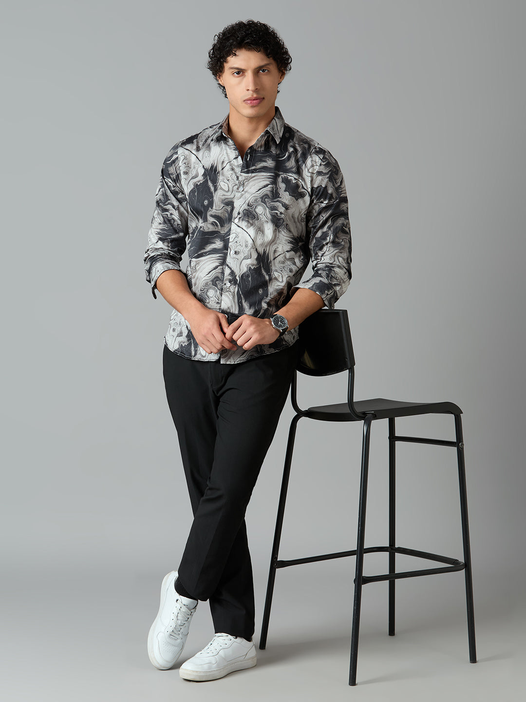 Men's Slim Fit Grey 100% Cotton Printed Shirt | Mark & Albert