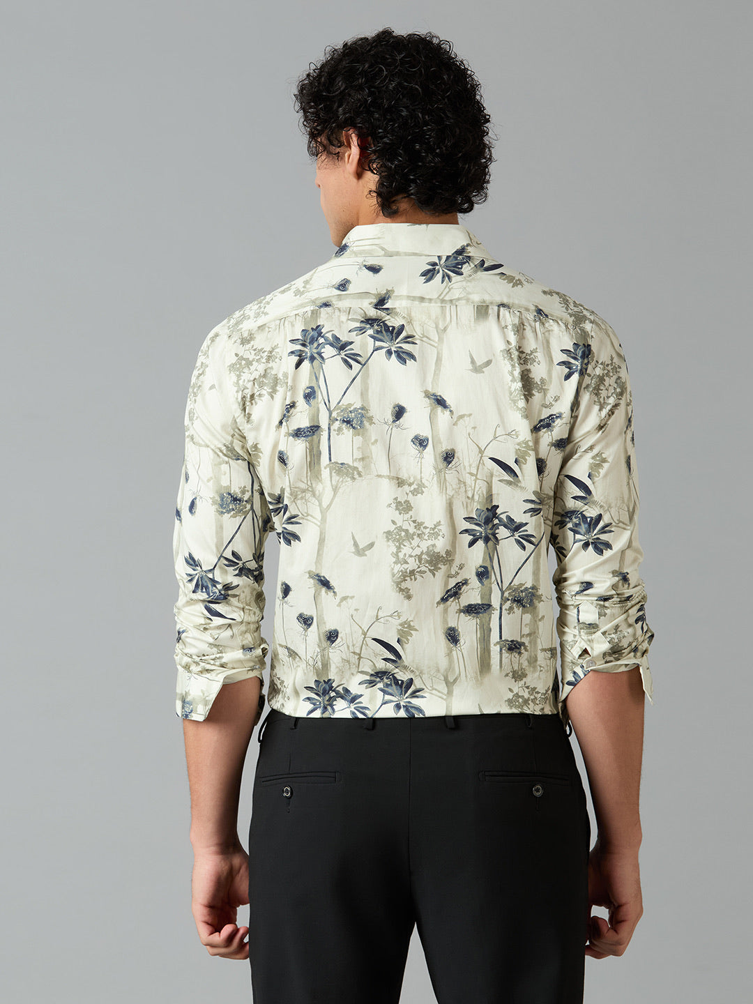 Men's Slim Fit Cream 100% Cotton Floral Printed Shirt | Mark & Albert