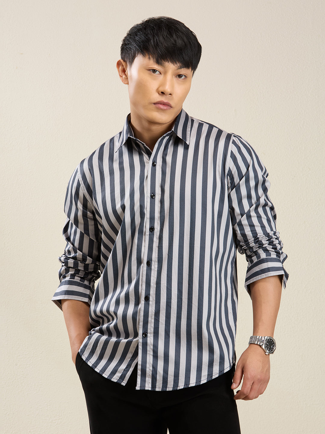 Men's Slim Fit Navy Bold Stripe Cotton Casual Shirt