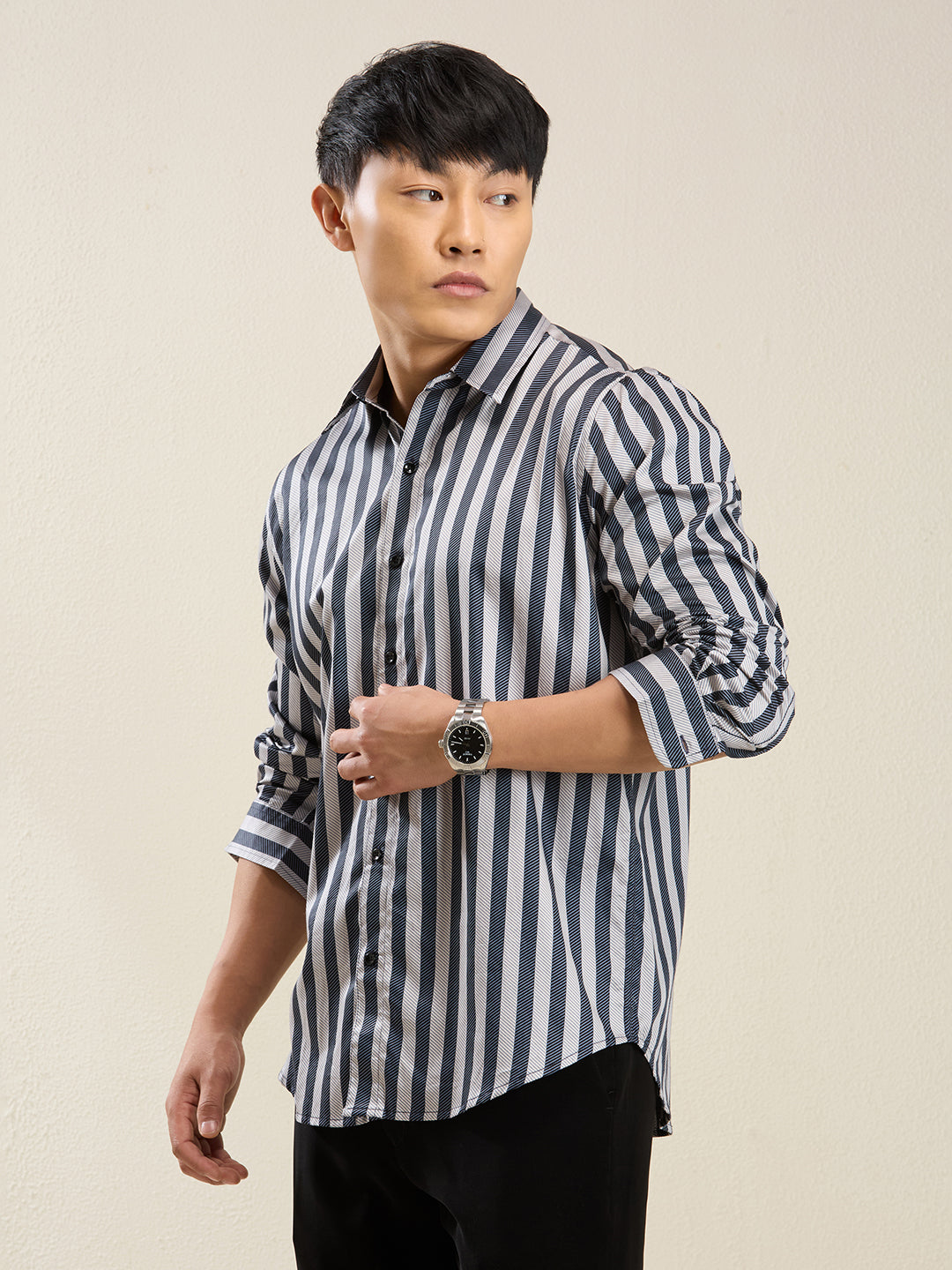 Men's Slim Fit Navy Bold Stripe Cotton Casual Shirt