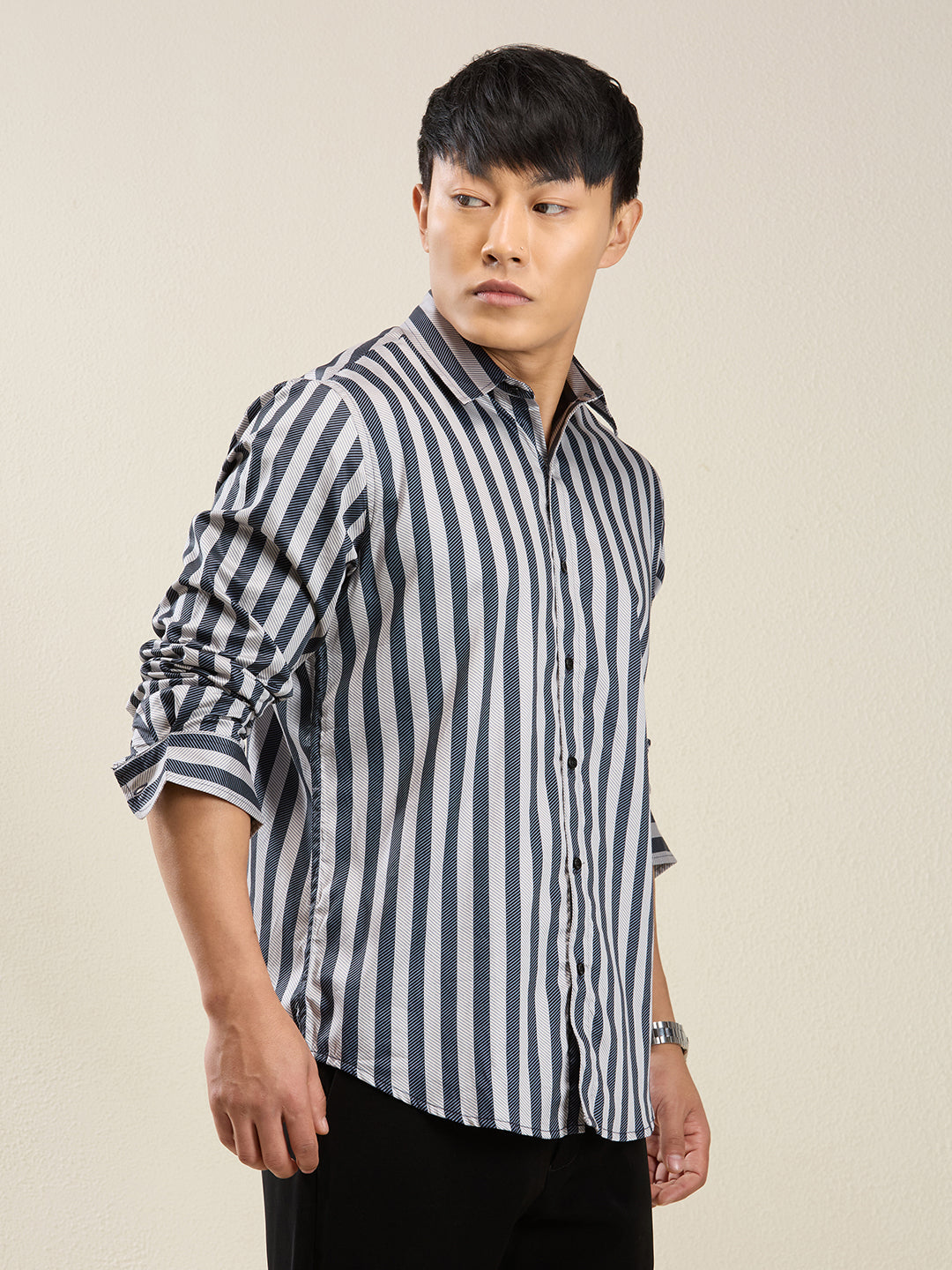 Men's Slim Fit Navy Bold Stripe Cotton Casual Shirt
