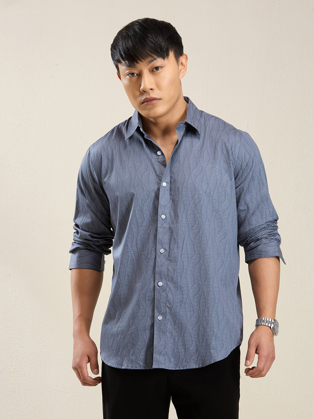 Men's Slim Fit Blue Wave Print Cotton Casual Shirt