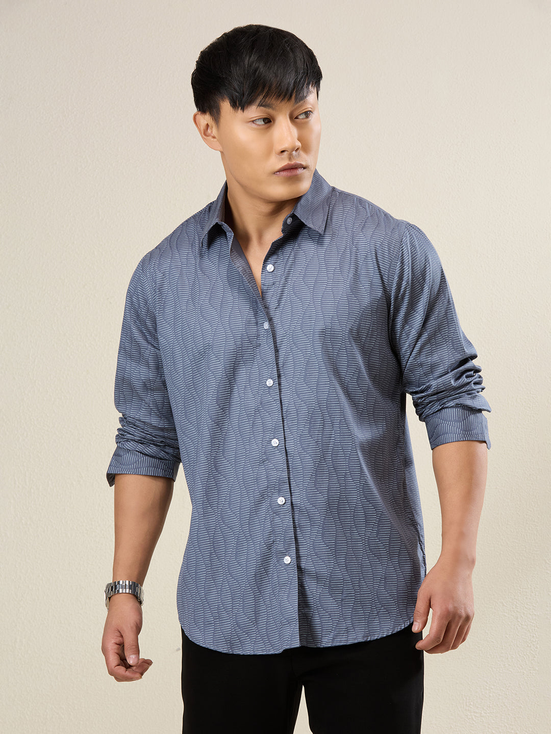 Men's Slim Fit Blue Wave Print Cotton Casual Shirt