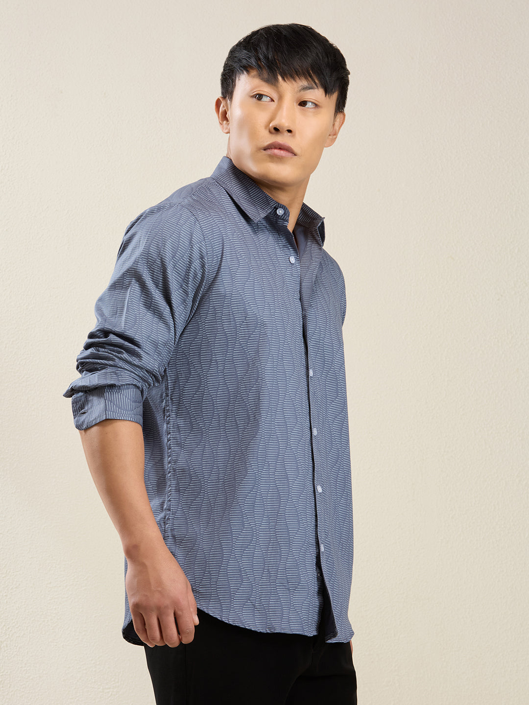 Men's Slim Fit Blue Wave Print Cotton Casual Shirt