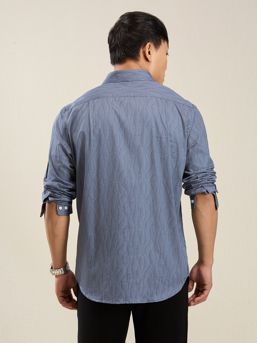 Men's Slim Fit Blue Wave Print Cotton Casual Shirt