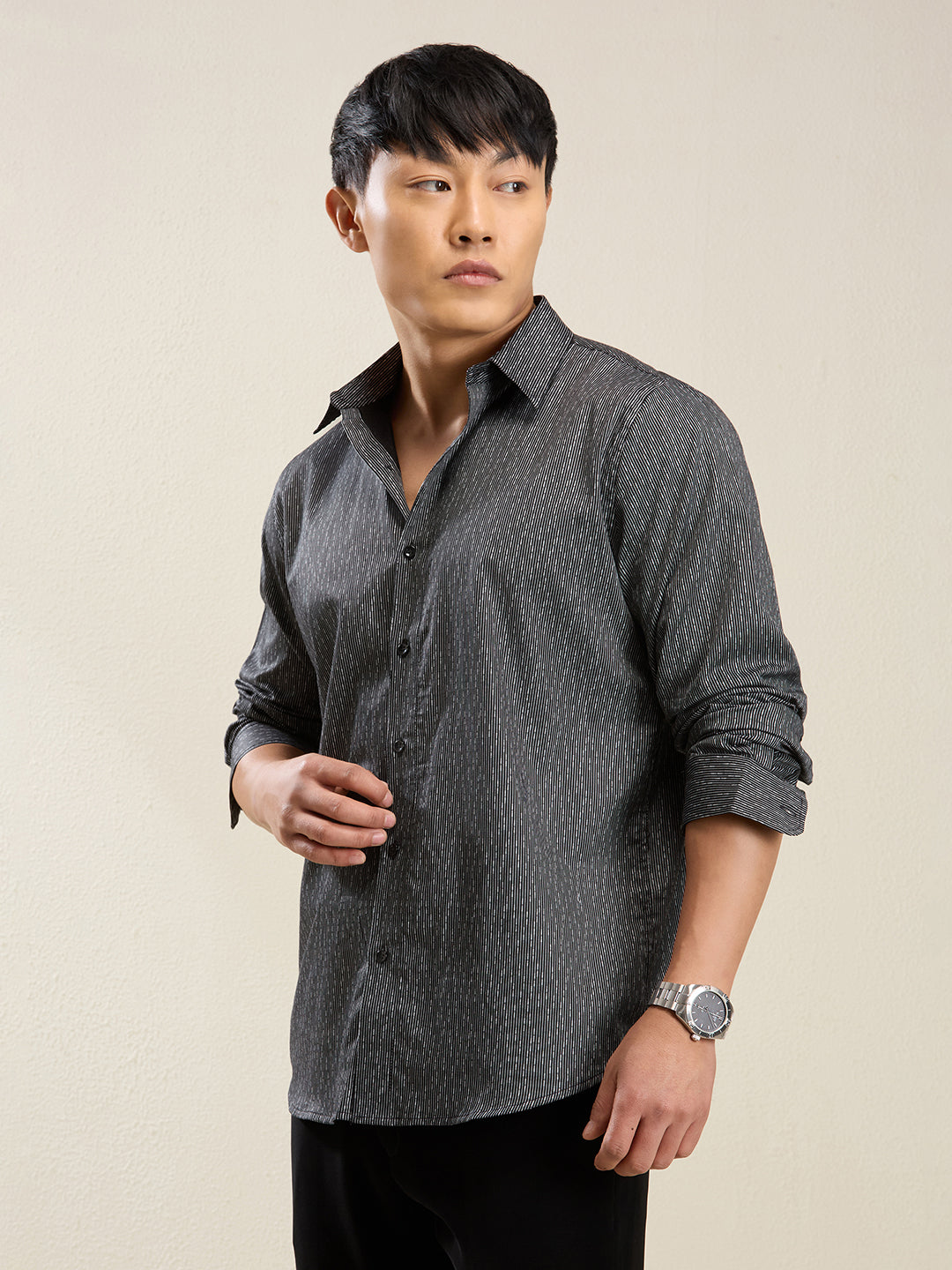 Men's Slim Fit Grey Printed Cotton Casual Shirt