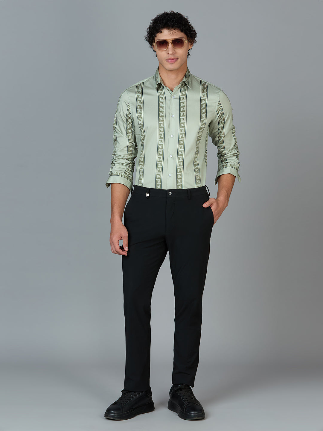 Men's Slim Fit Green 100% Cotton Vertical Printed Shirt | Mark & Albert