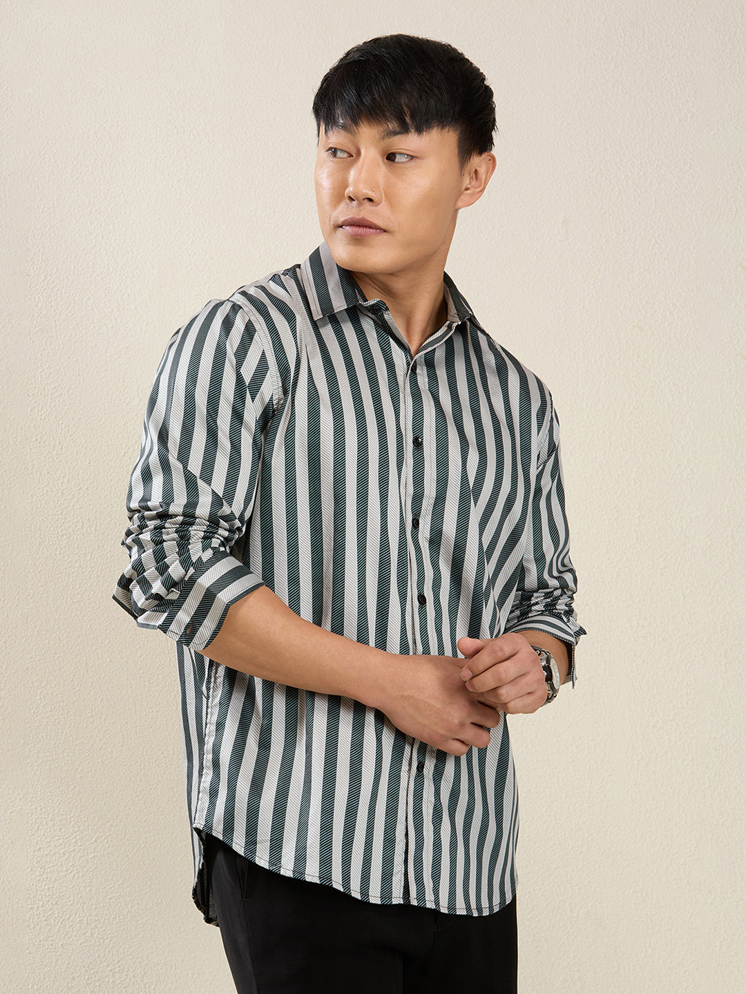 Men's Slim Fit Green Bold Stripe Cotton Casual Shirt