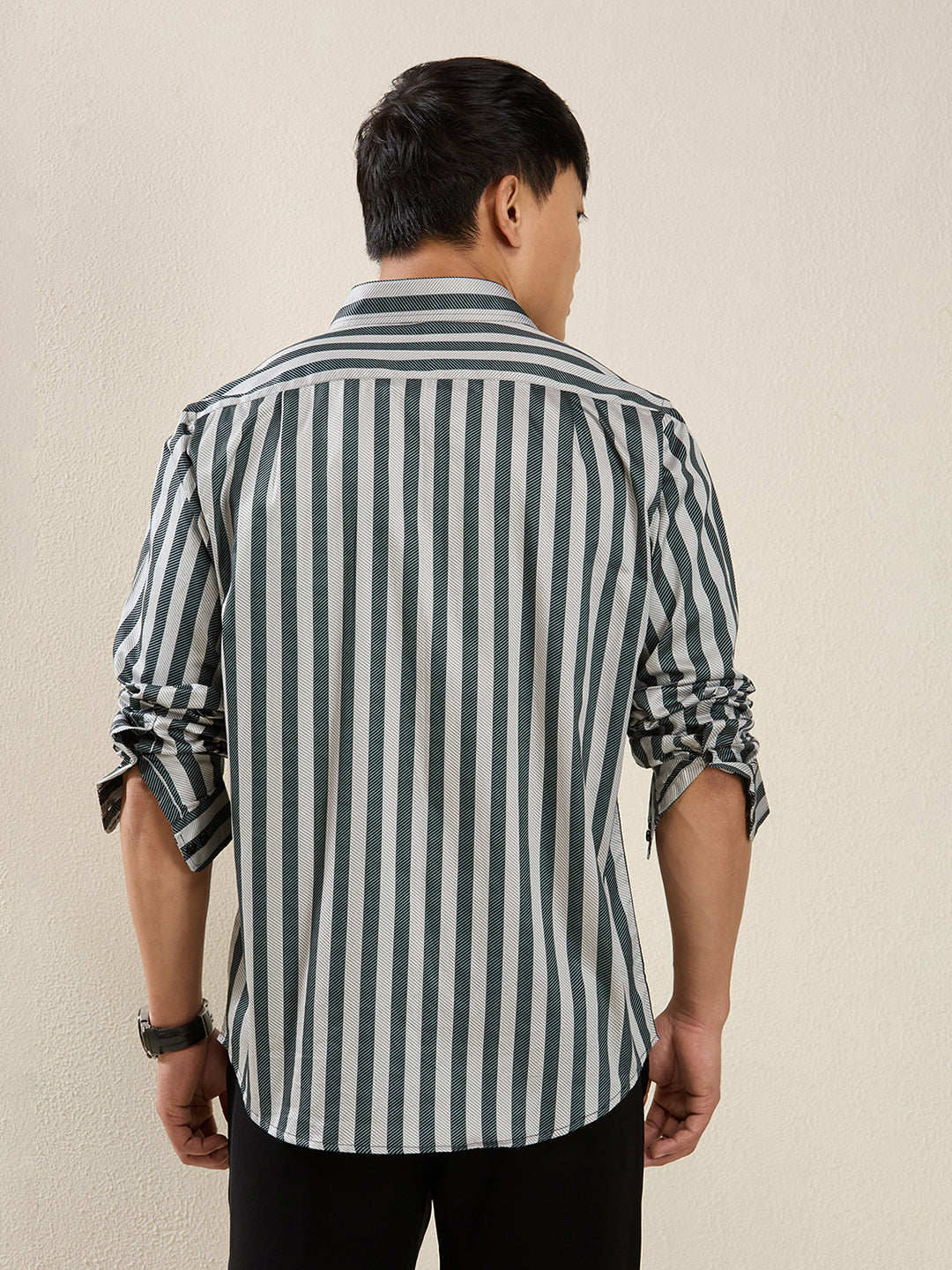 Men's Slim Fit Green Bold Stripe Cotton Casual Shirt