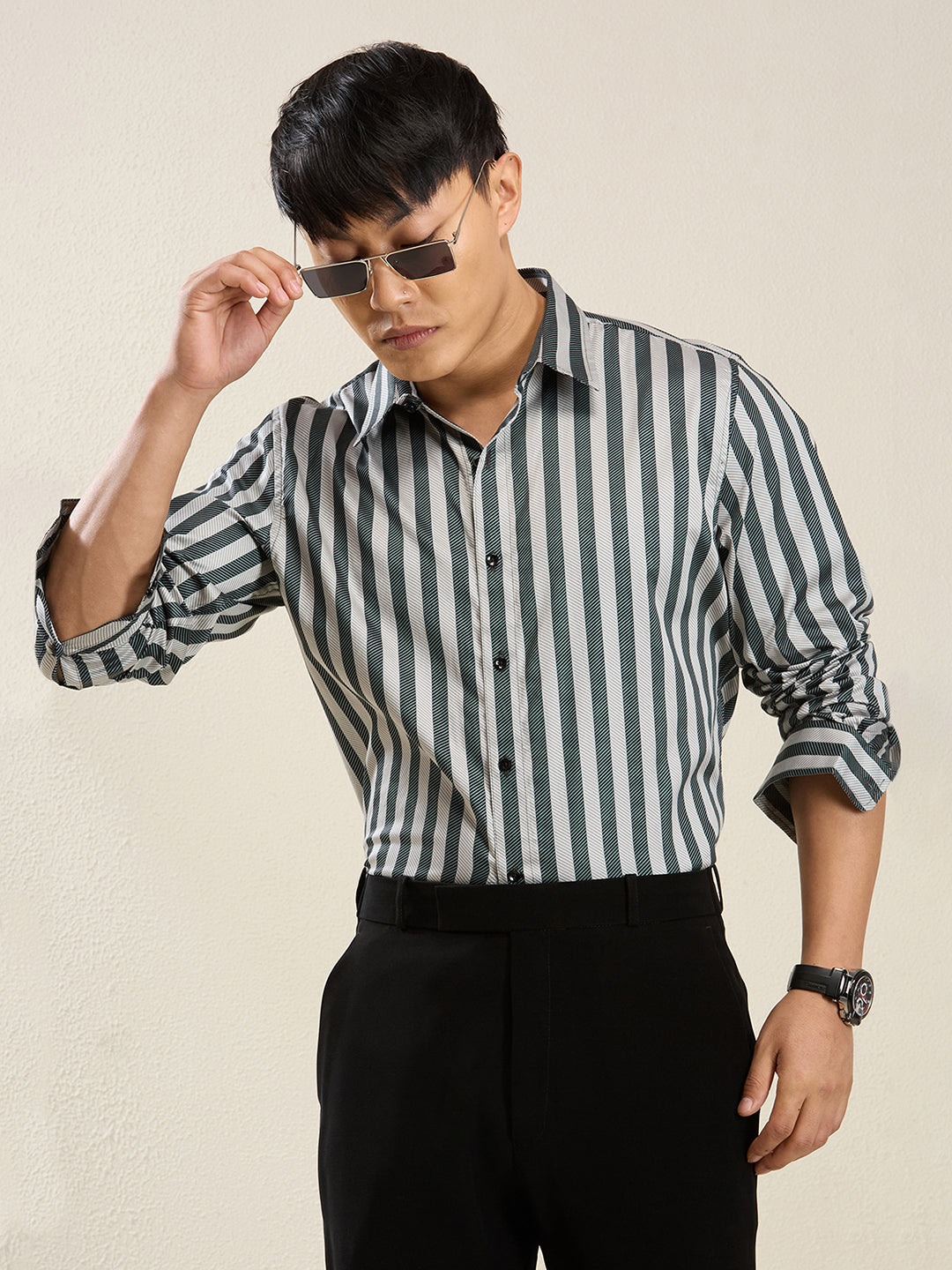 Men's Slim Fit Green Bold Stripe Cotton Casual Shirt