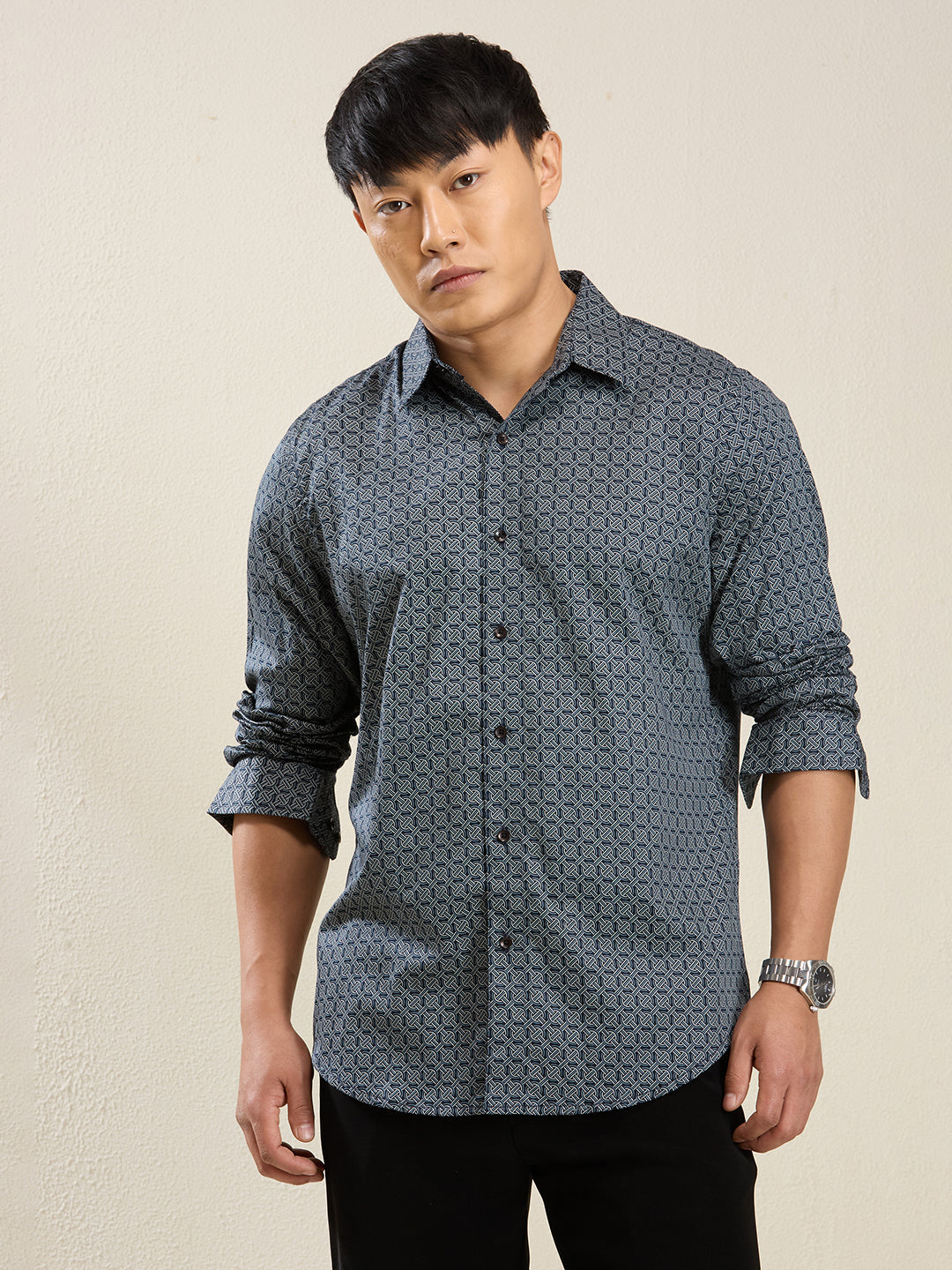 Men’s Blue Geometric Print Slim Fit Shirt