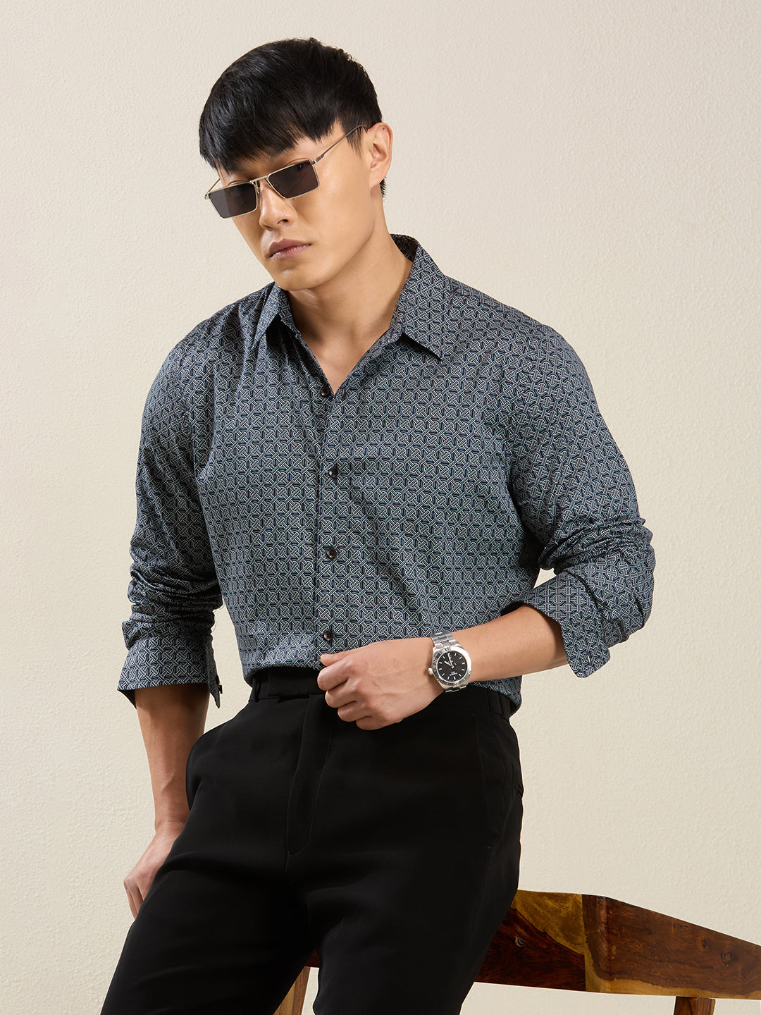 Men’s Blue Geometric Print Slim Fit Shirt
