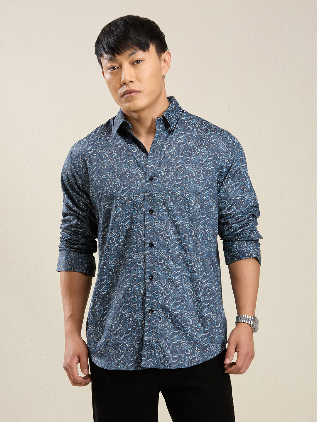 Men’s Blue Paisley Print 100% Cotton Slim Fit Shirt