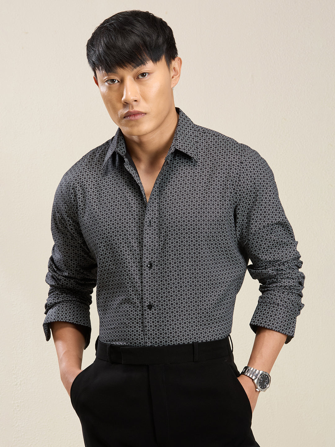 Men’s Black Micro-Print Slim Fit Shirt