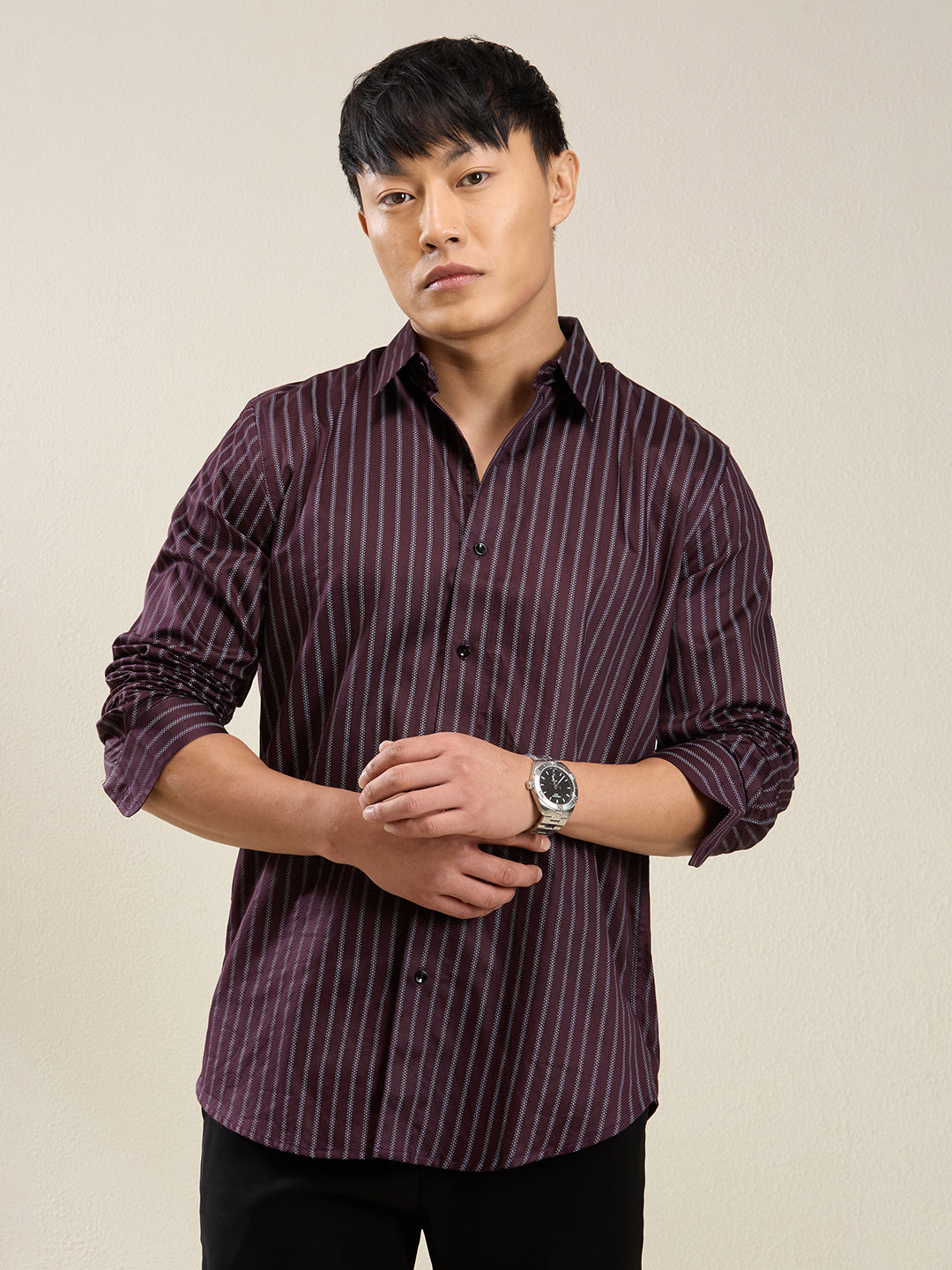 Wine Striped Slim Fit Shirt