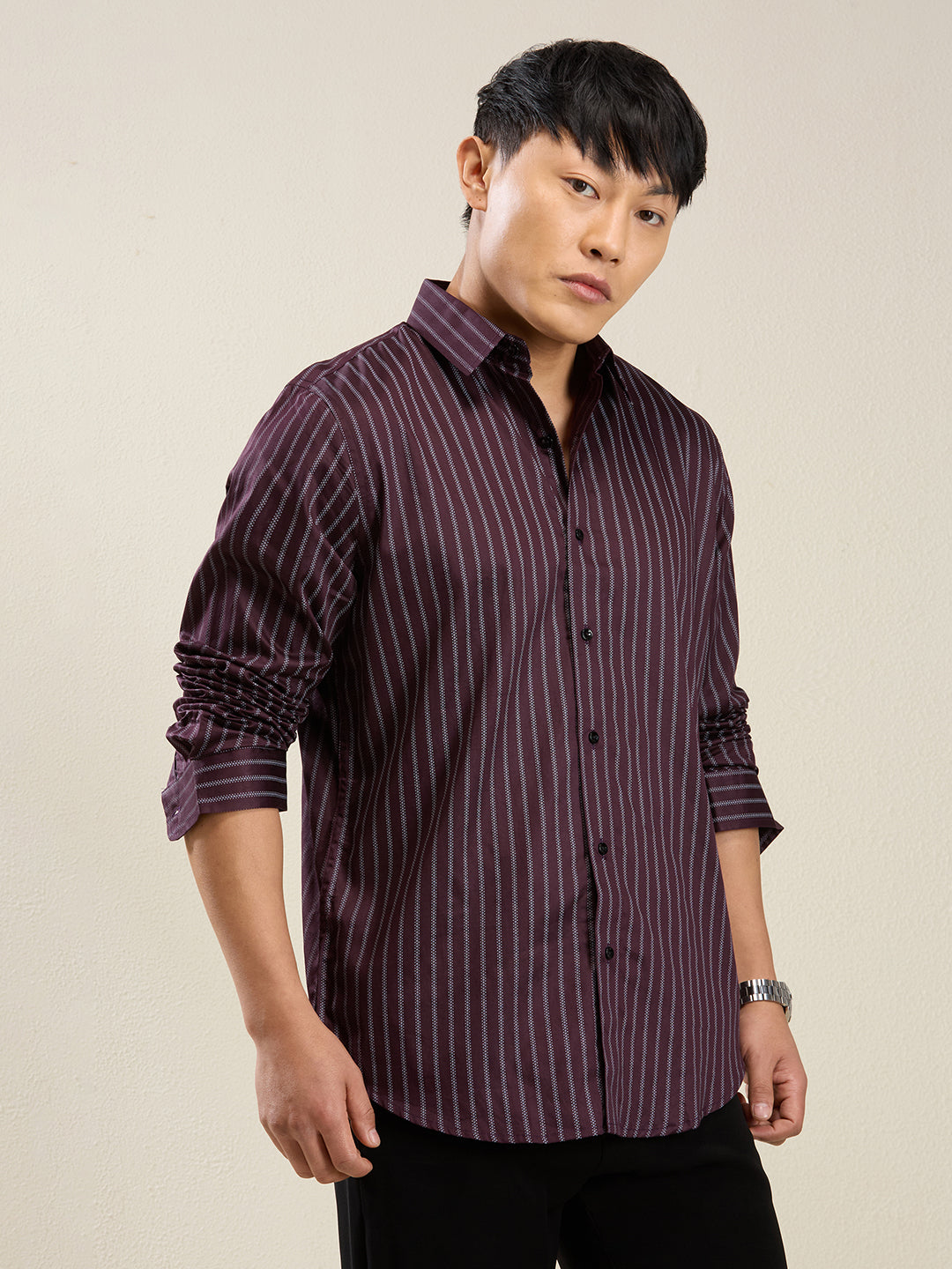 Wine Striped Slim Fit Shirt