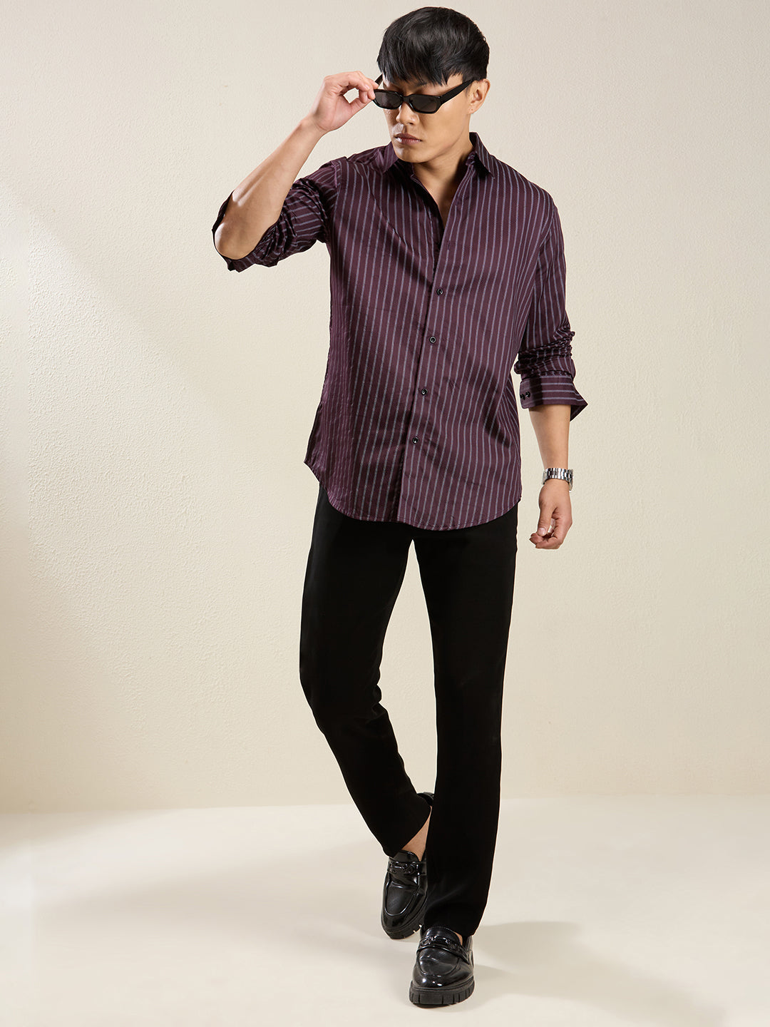 Wine Striped Slim Fit Shirt