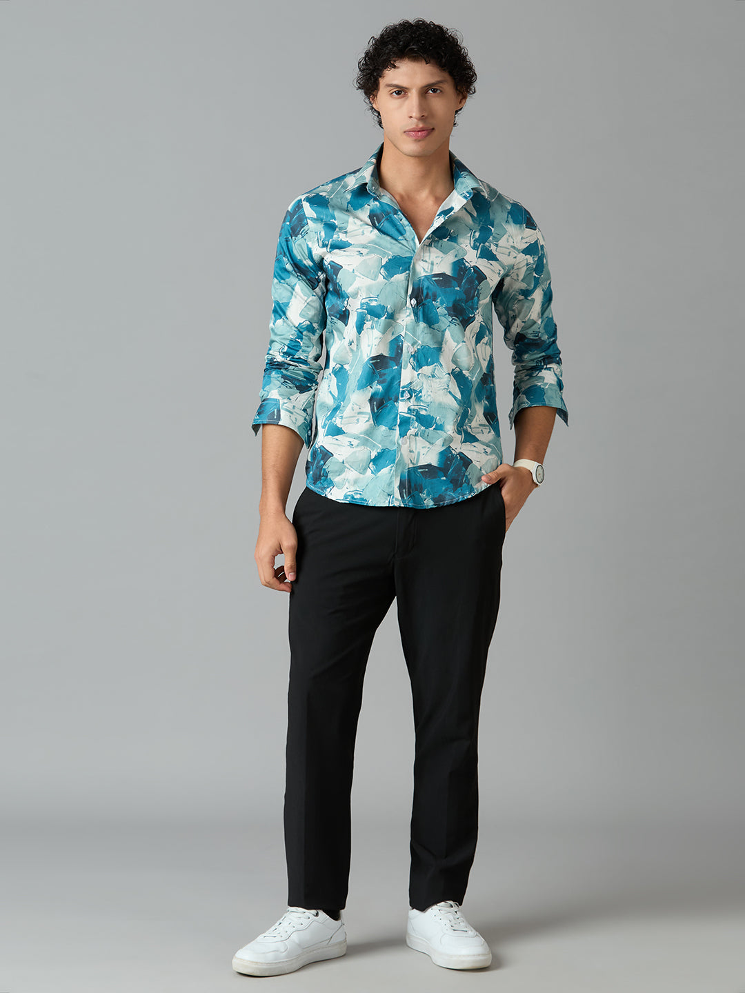 Men's Slim Fit Blue 100% Cotton Printed Shirt | Mark & Albert