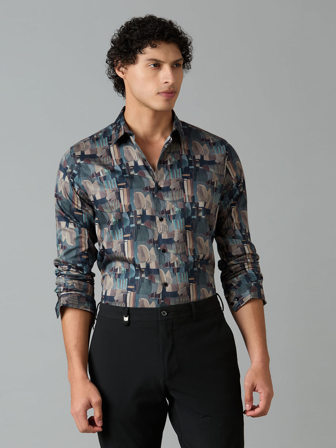 Men's Slim Fit Teal 100% Cotton Printed Shirt | Mark & Albert