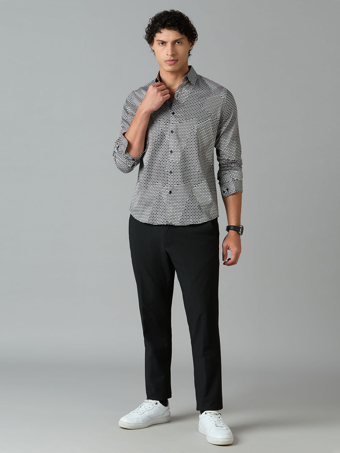 Men's Slim Fit Black Abstract Printed Giza Cotton Party Wear Shirt | MARK & ALBERT