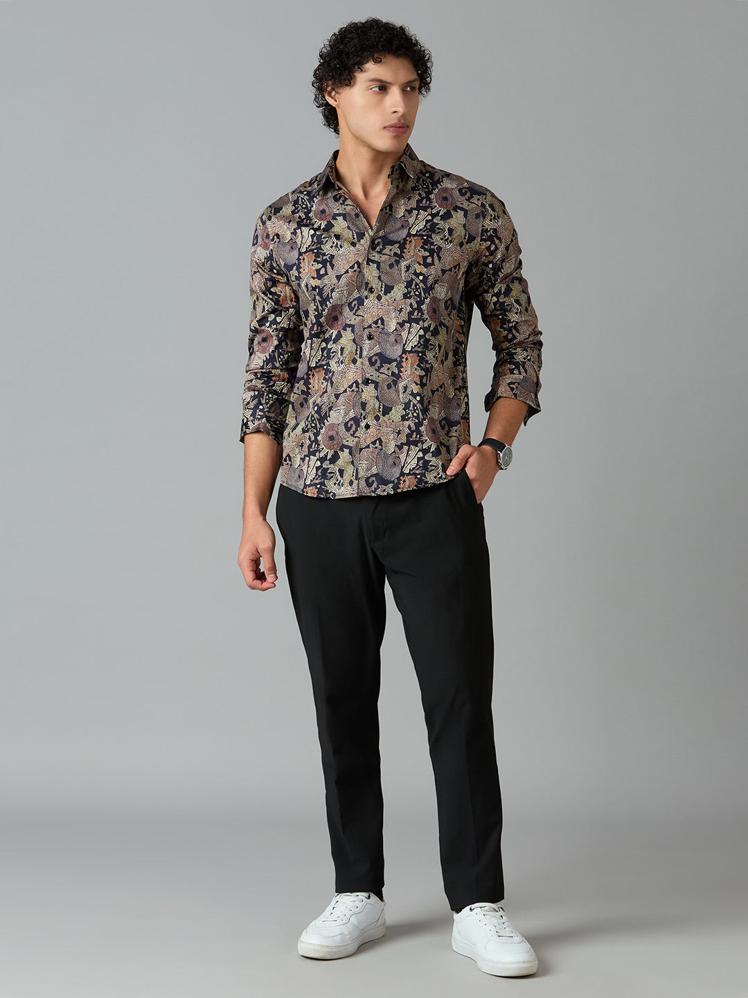 Men's Slim Fit Black 100% Cotton Floral Printed Shirt | Mark & Albert