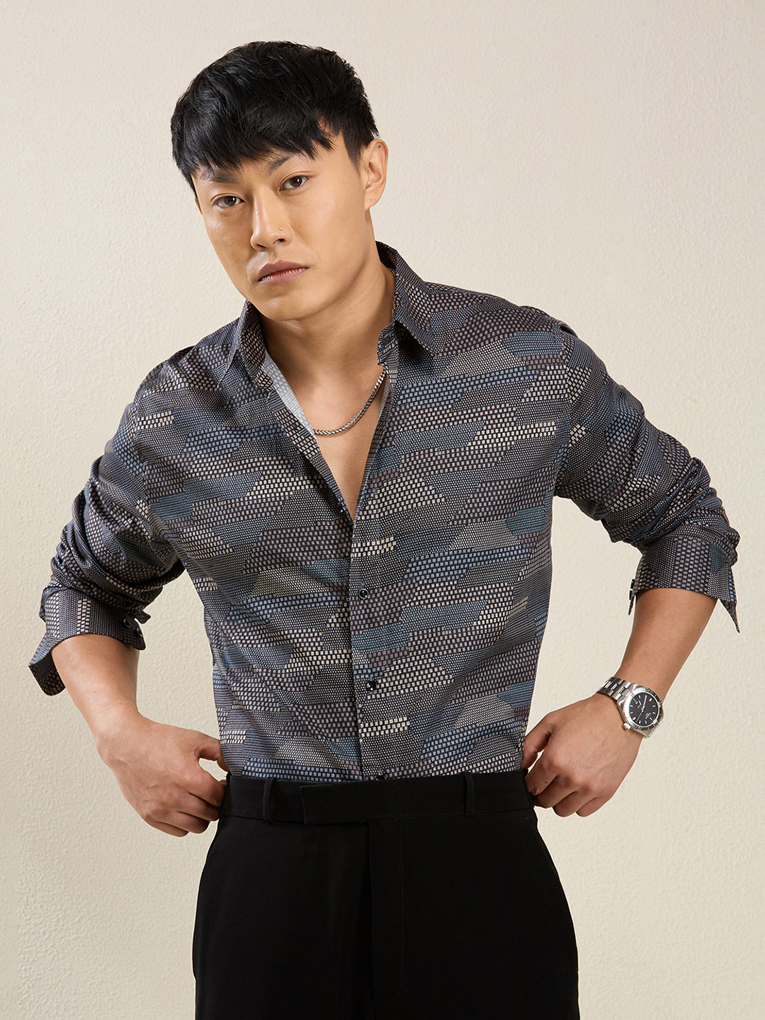 Men's Slim Fit Geometric Stripe Cotton Shirt