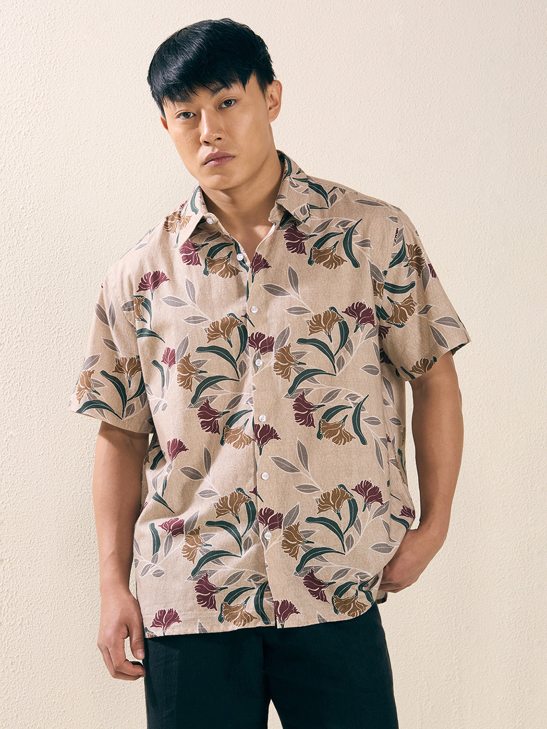 Men’s Relaxed Fit Half Sleeve Botanical Printed Linen Shirt