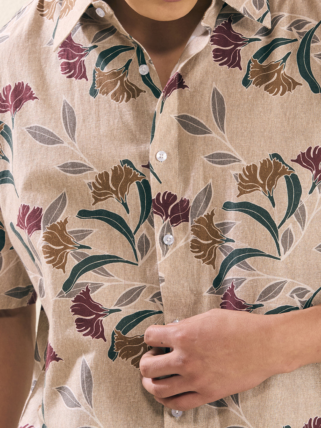 Men’s Relaxed Fit Half Sleeve Botanical Printed Linen Shirt