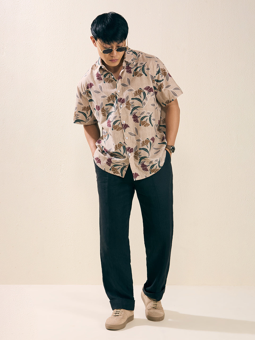Men’s Relaxed Fit Half Sleeve Botanical Printed Linen Shirt